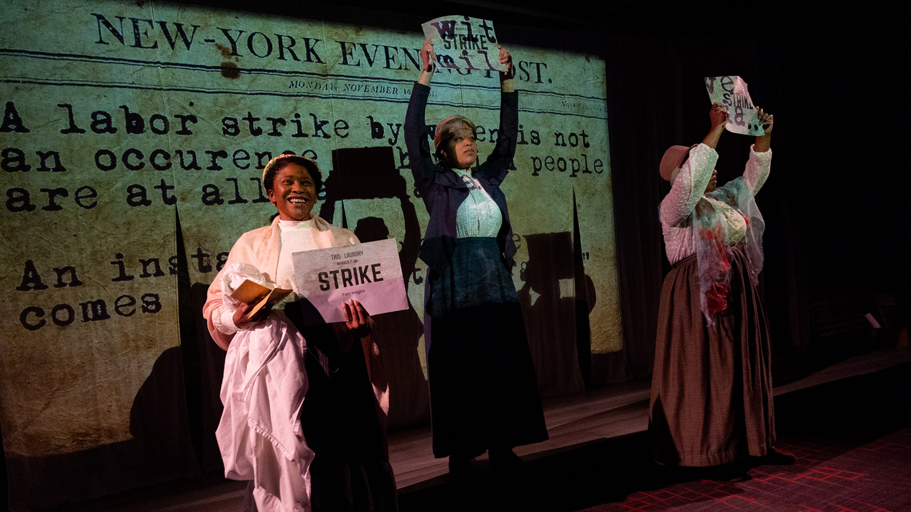 Jamila Turner, Kenedi Deal and Makallen Kelley play Atlanta washerwomen who go on strike in 1881 in the new play “The Wash” by Kelundra Smith. (Courtesy of Casey Gardner Ford)