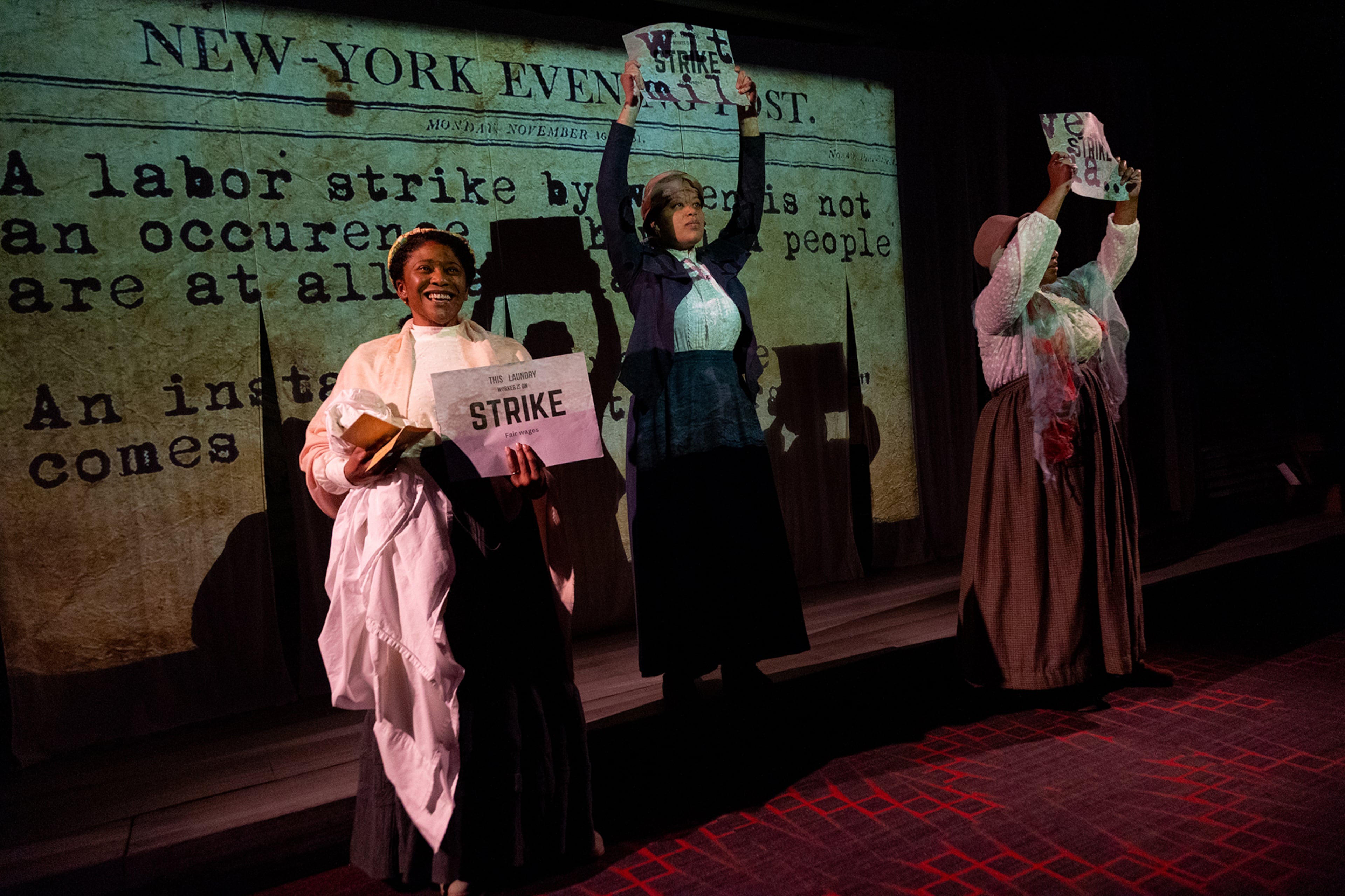 Jamila Turner, Kenedi Deal and Makallen Kelley play Atlanta washerwomen who go on strike in 1881 in the new play “The Wash” by Kelundra Smith. (Courtesy of Casey Gardner Ford)