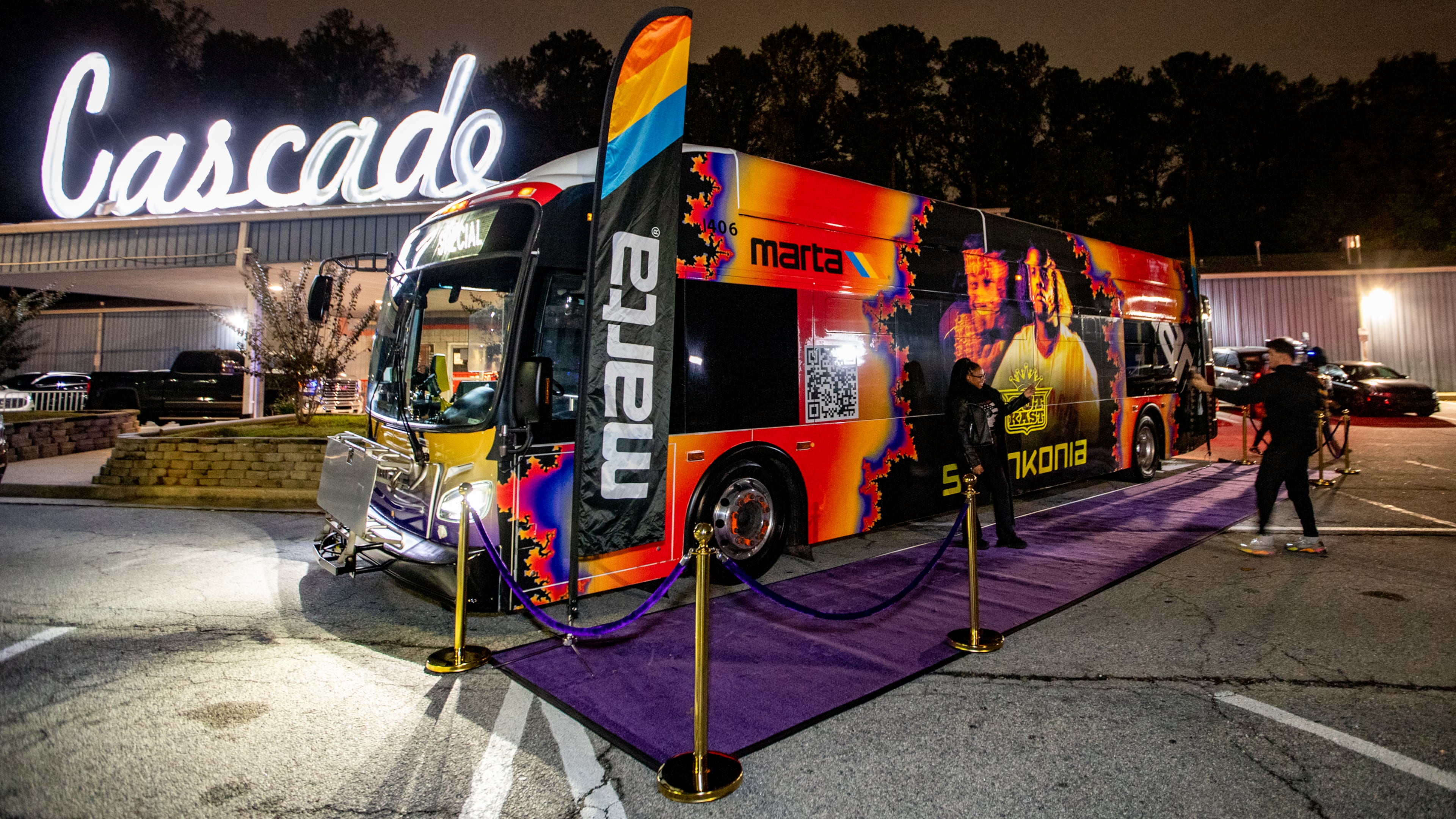 Gasoline dreams? MARTA unveils the Outkast Stankonia bus at a Cascade Skate party celebrating the 25th anniversary of Outkast's fourth album. (Jenni Girtman for the AJC)