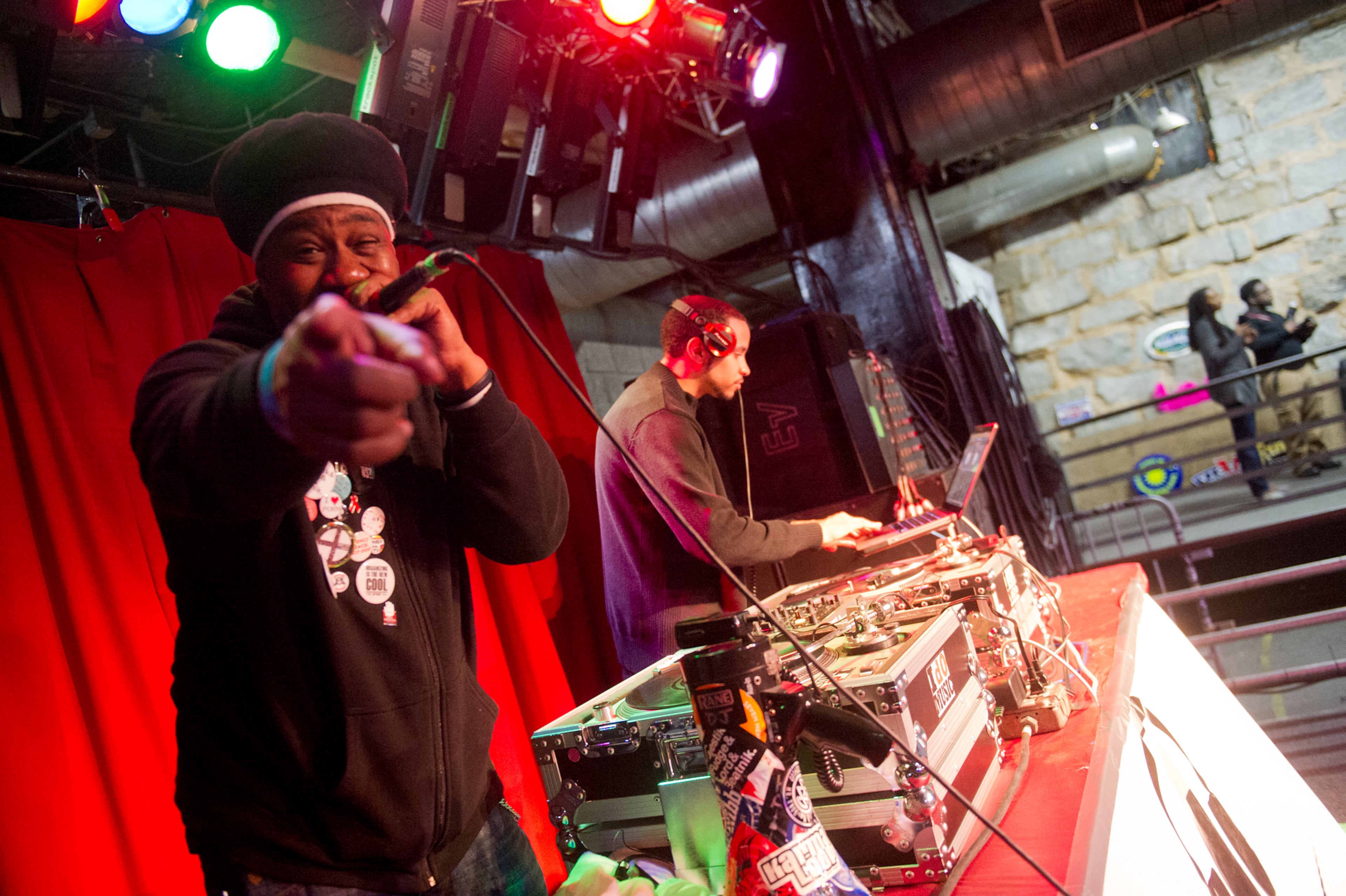 D.R.E.S. Tha Beatnik (left) and DJ Nick the Quick perform onstage during the Atlanta Winter Beerfest at the Masquerade. (Courtesy of Jonathan Phillips)