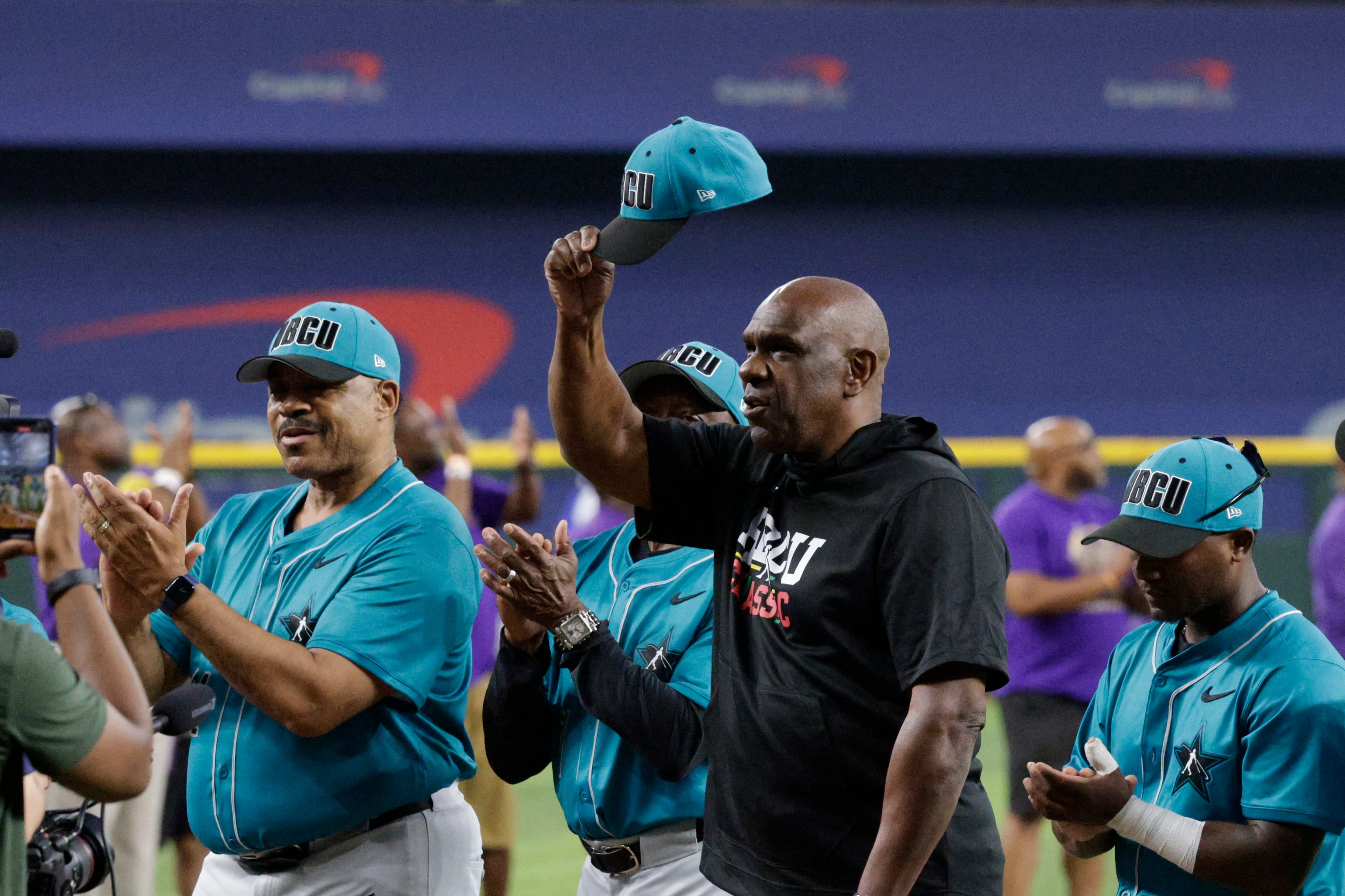 Andre Dawson, who played at Florida A&M University before embarking on a Hall of Fame career with the Expos and Cubs — among others — tips his cap at the 2024 HBCU Swingman Classic in Arlington, Texas. (Courtesy of Major League Baseball)