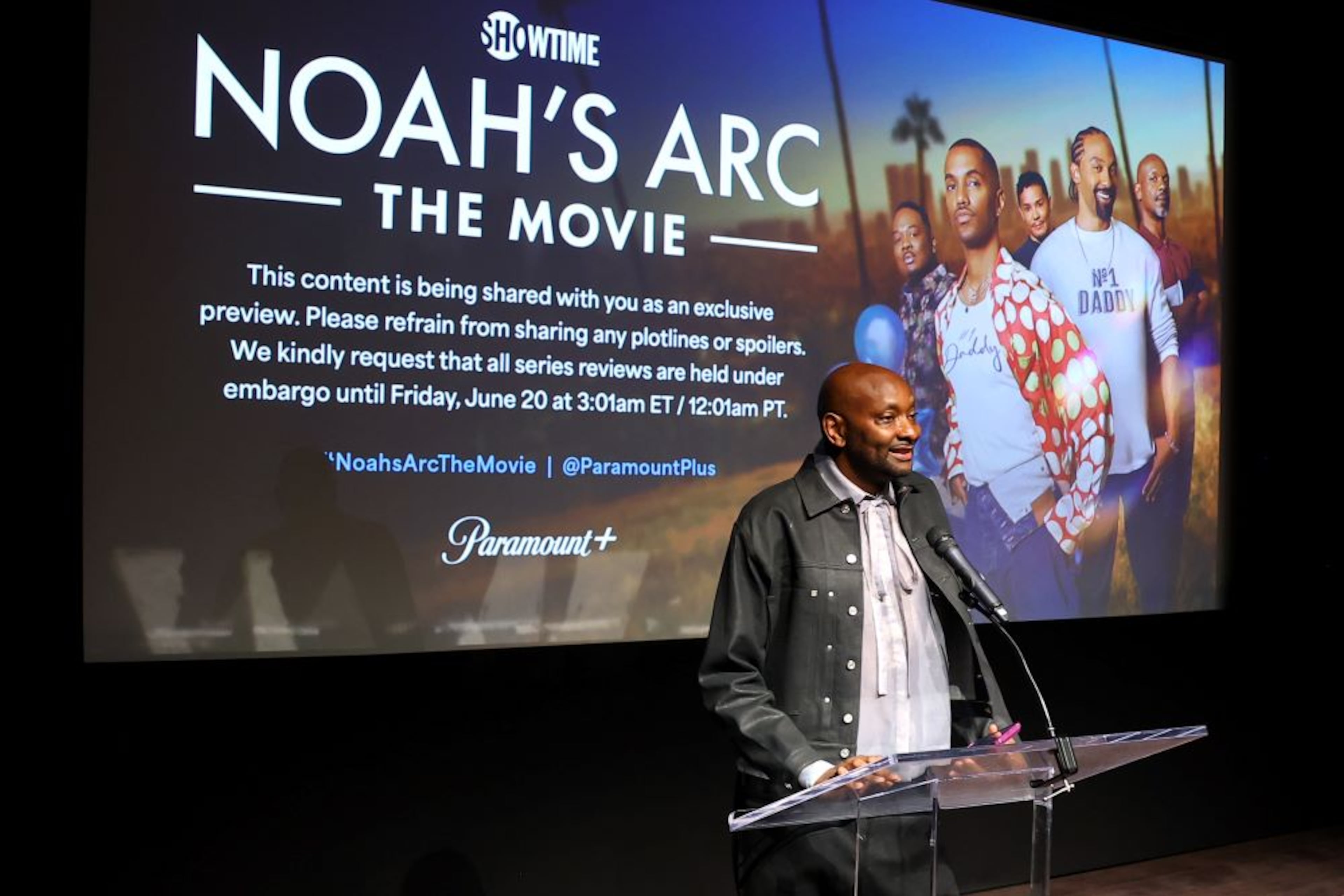 Patrik-Ian Polk speaks at the premiere of "Noah's Arc: The Movie" at The London West Hollywood in Los Angeles on June 12, 2025. (Courtesy of Leon Bennett)