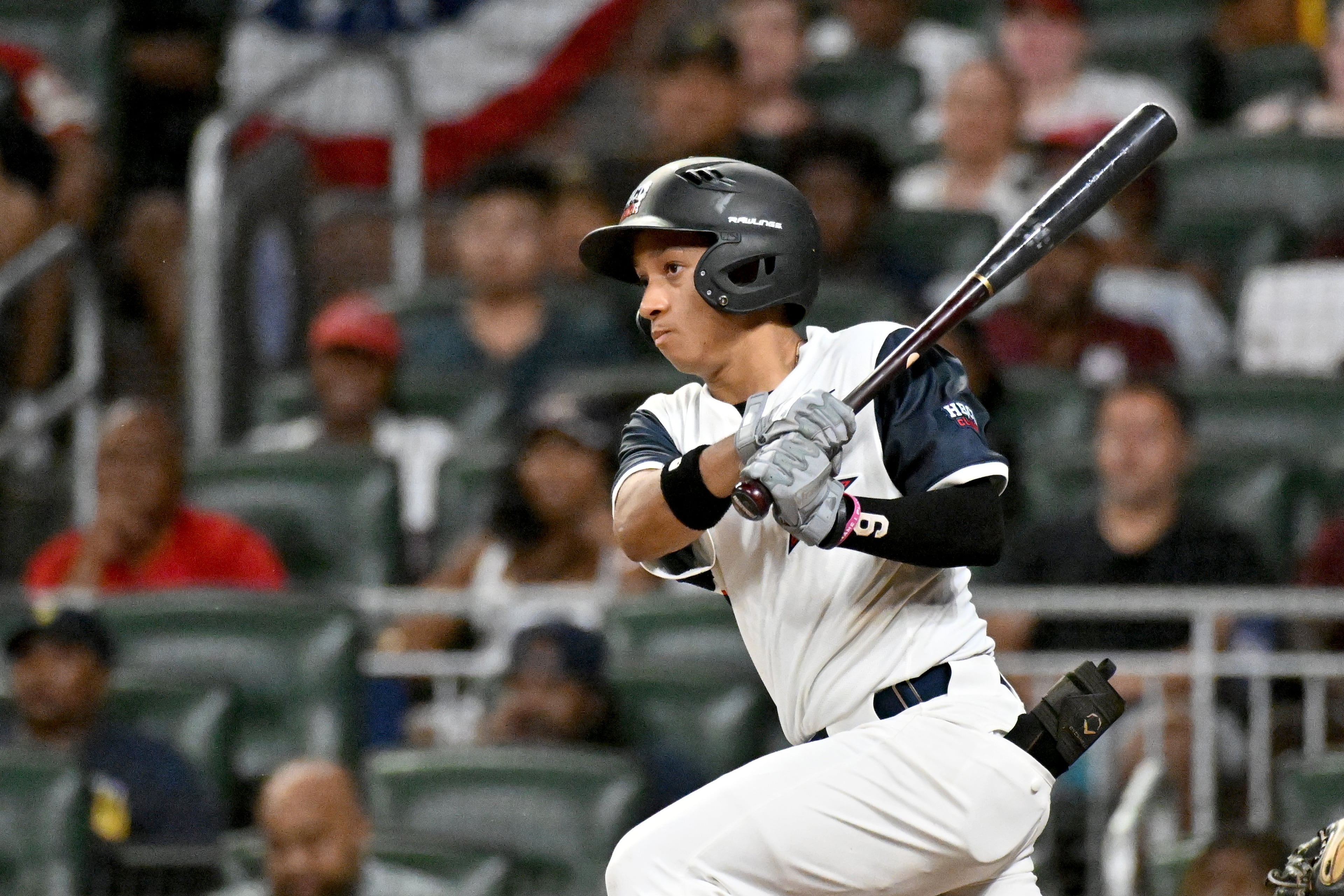 National League shortstop Elijah Pinckney of Morehouse hits during the HBCU Swingman Classic at Truist Park on Friday, July 11, 2025, in Atlanta. The Swingman Classic brings together 50 players for historically Black colleges and universities like Morehouse. (Hyosub Shin/AJC)