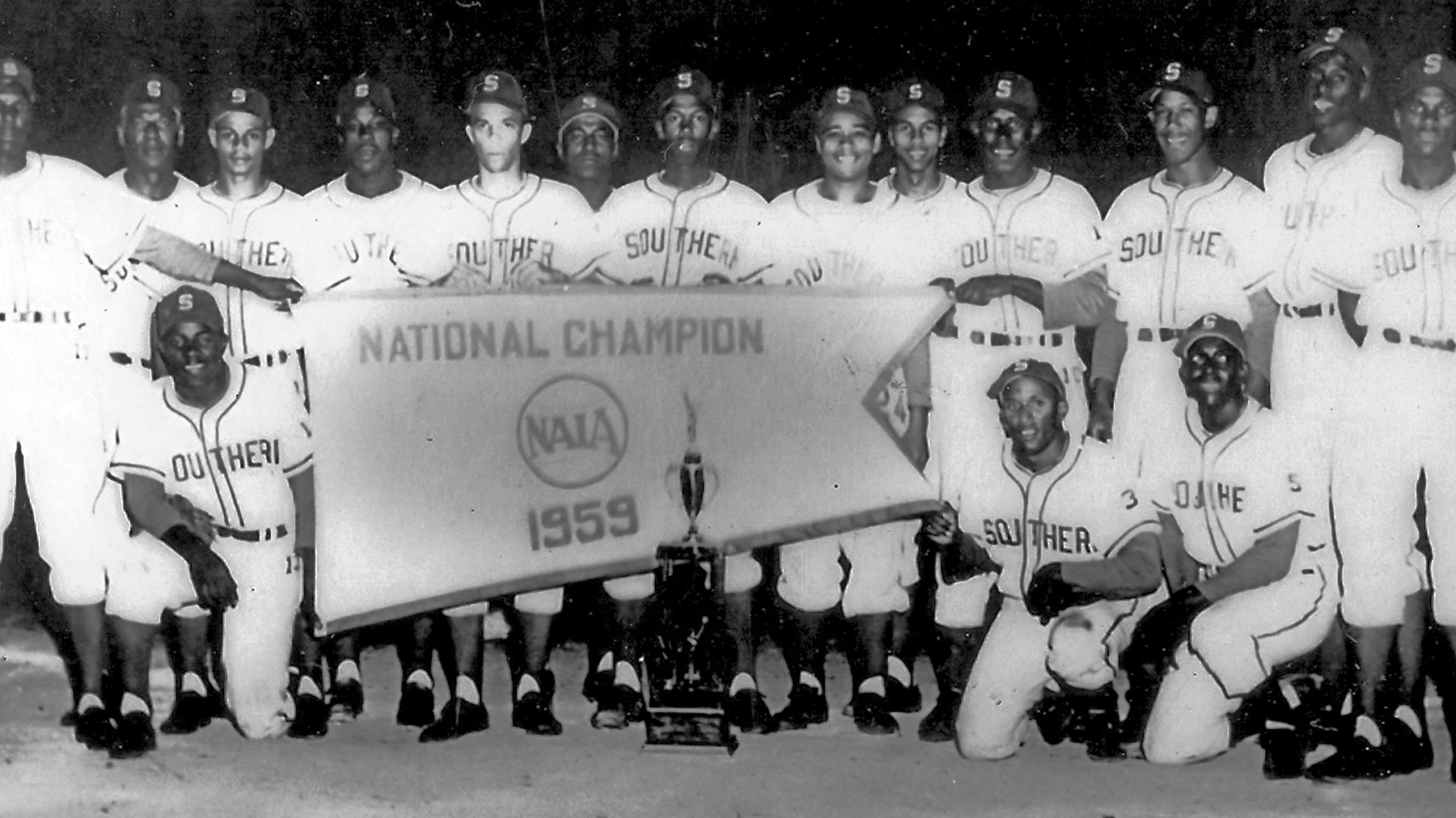 Led by future Baseball Hall of Famer Lou Brock (kneeling far left), Southern University won the 1959 NAIA national championship. Brock would to sign with the Chicago Cubs before getting traded to the St. Louis Cardinals. (Courtesy of Southern University sports information)