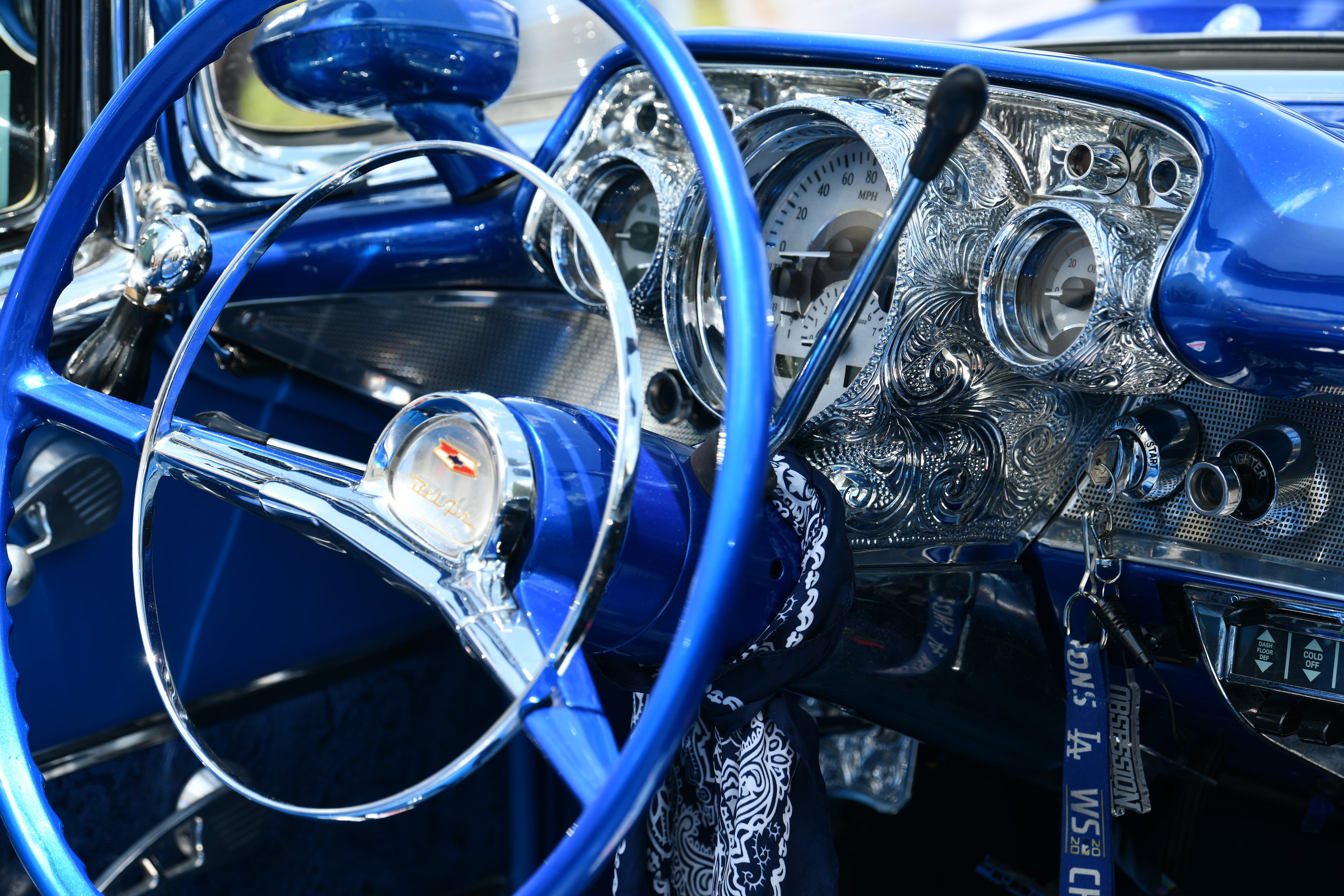 A custom blue 1957 Chevrolet Bel Air that Ice Cube drove onto the field at Dodger Stadium on Opening Day is displayed during the fourth annual Rick Ross Car on Saturday in Fayetteville. The car is owned by Keith “Big Whit” Whitner of Los Angeles. (Hyosub Shin/AJC)
