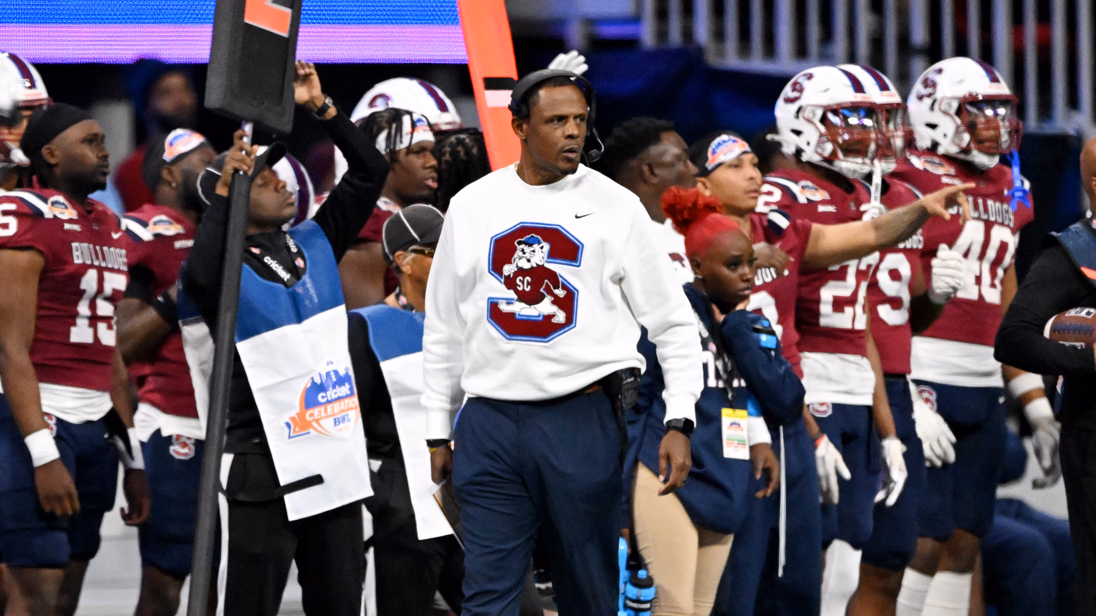South Carolina State head coach Chennis Berry paces the sideline during the second half of the 2024 Cricket Celebration Bowl. Jackson State won 28-7. (Hyosub Shin/AJC 2024)