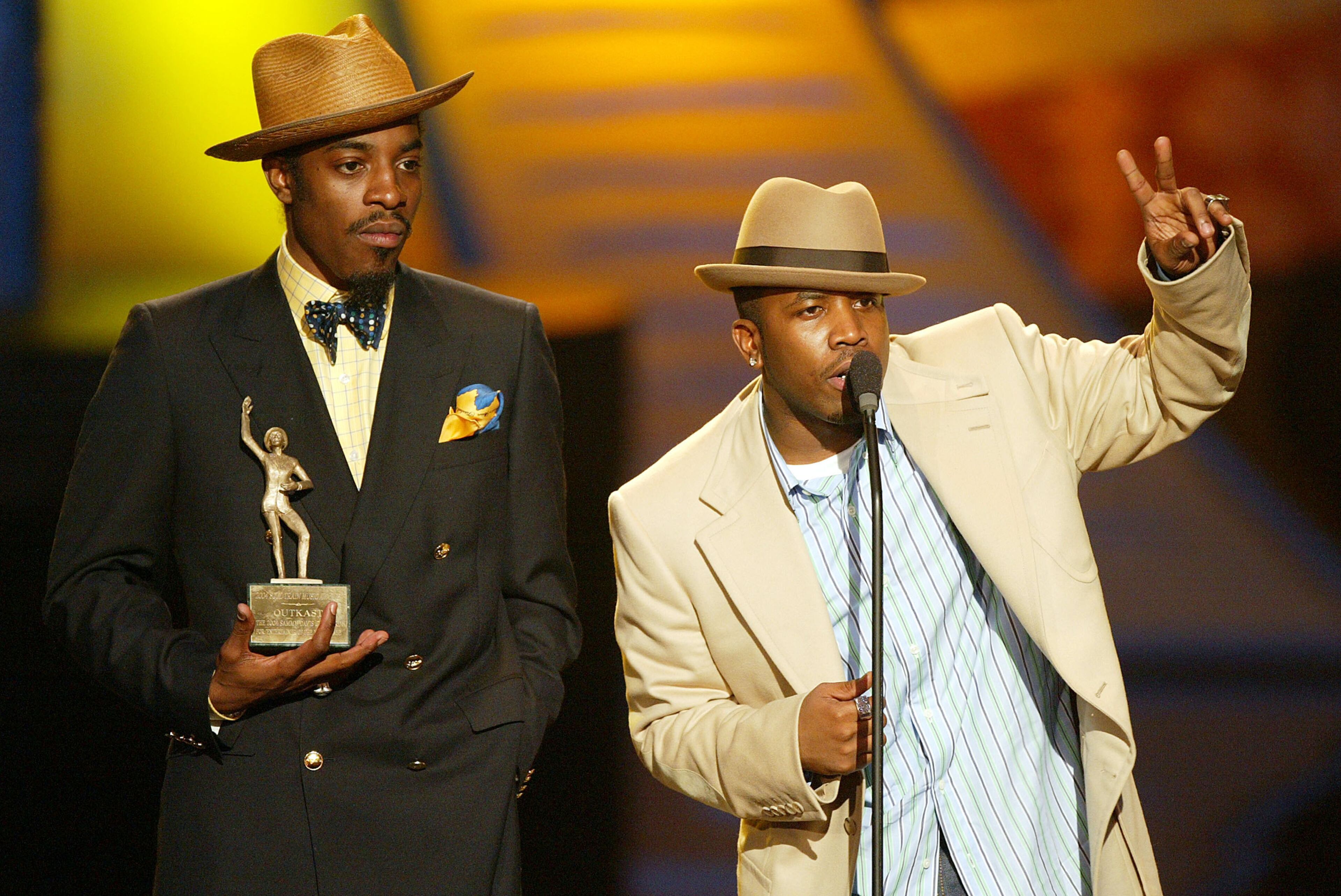 Outkast, with Andre 3000 (L) and Big Boi, appear at the "18th Annual Soul Train Music Awards" at the Scottish Rite Auditorium on March 20, 2004 in Los Angeles, California.