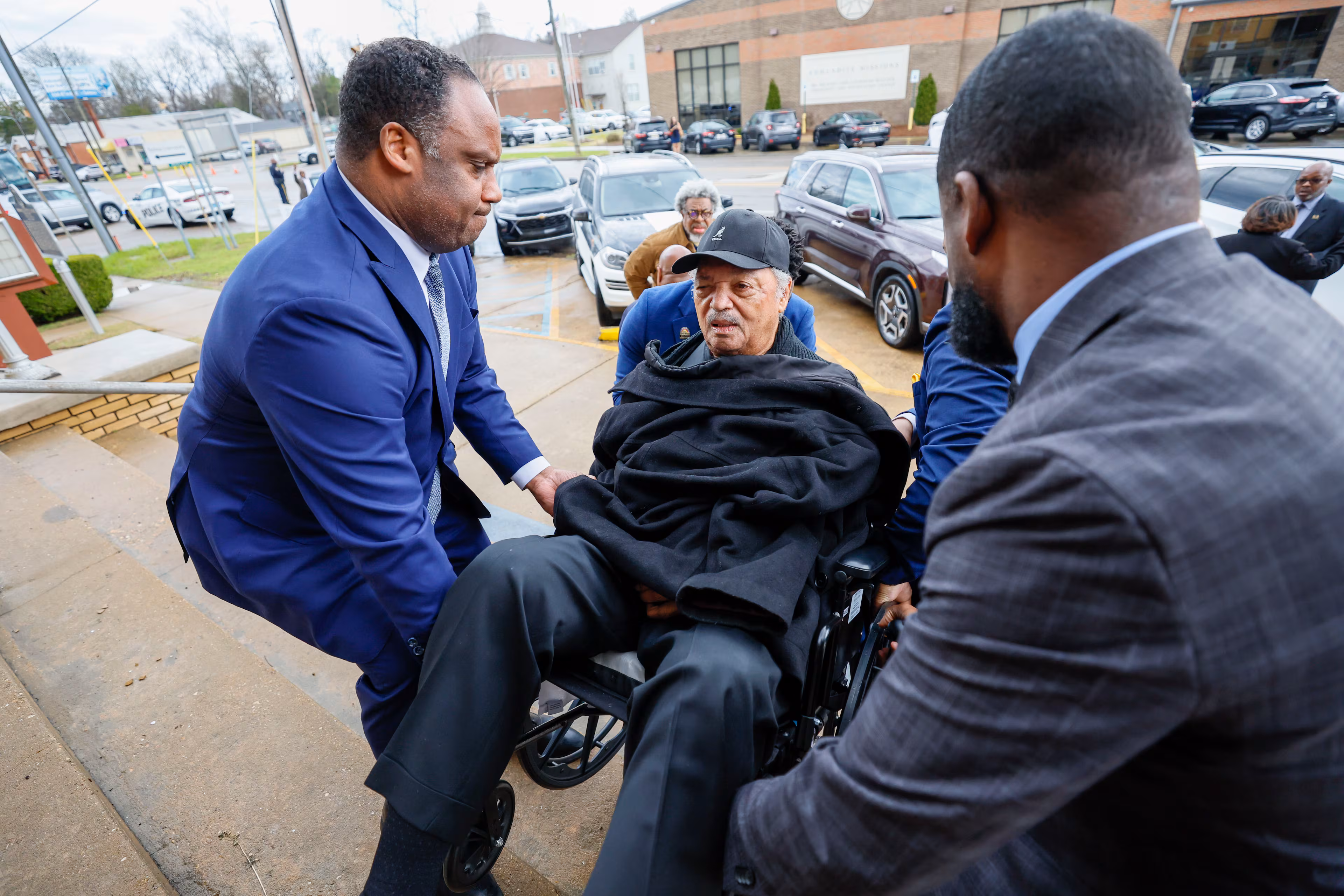 The Rev. Jesse Jackson leaves the Tabernacle Baptist Church after morning services on Sunday, March 9, 2025, in Selma, Ala., as part of the events marking the 60th anniversary of Bloody Sunday. (Miguel Martinez/ AJC)