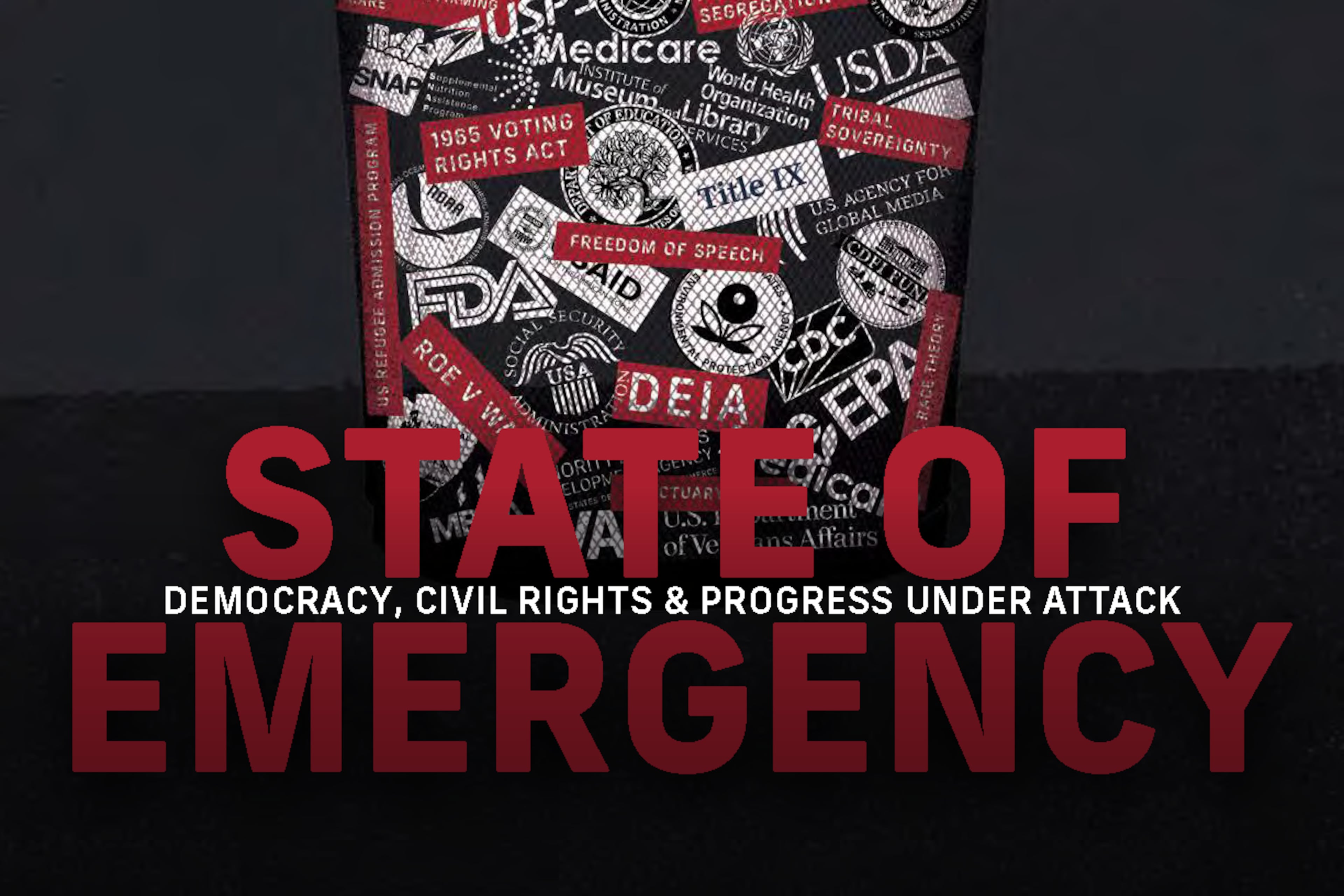 The cover of the National Urban League's latest report, “State of Emergency: Democracy, Civil Rights, and Progress Under Attack,” shows a trash can on fire. (Courtesy of National Urban League)