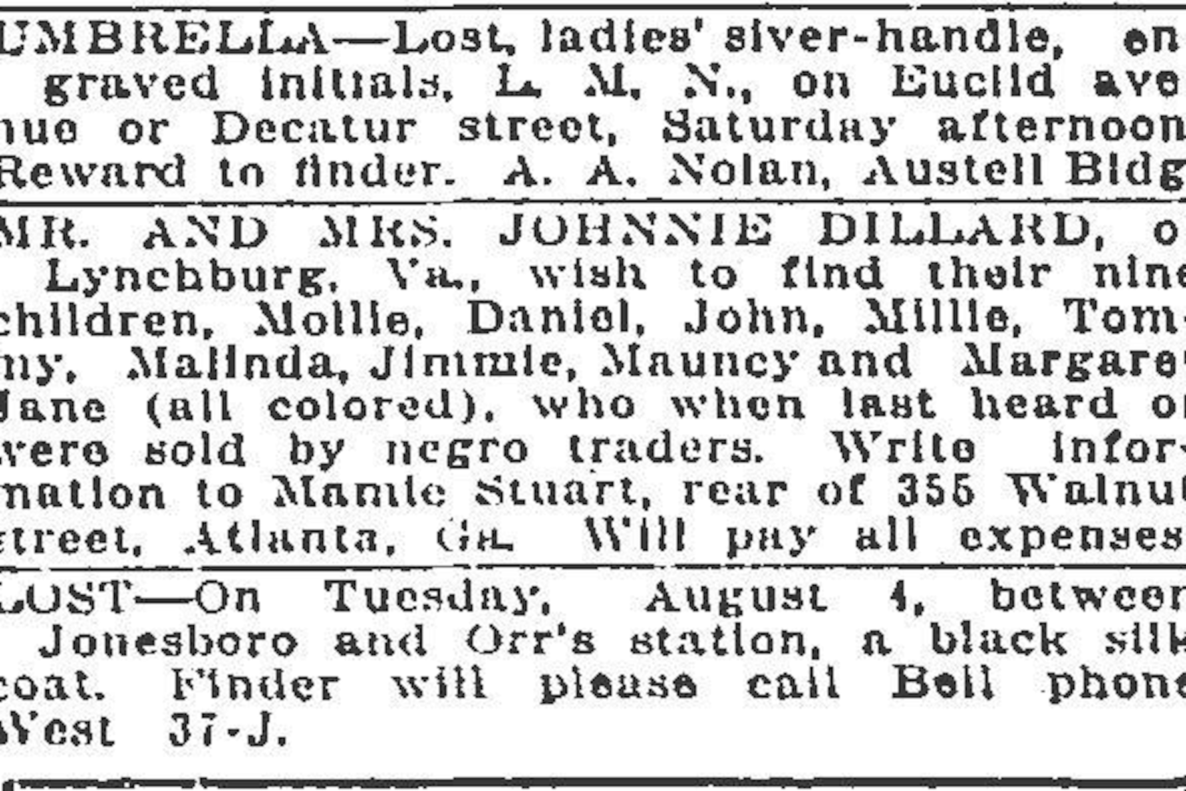 A desperate ad to find relatives appears in the "lost and found" section of the Atlanta Constitution in 1917 (Atlanta Journal-Constitution Archive)