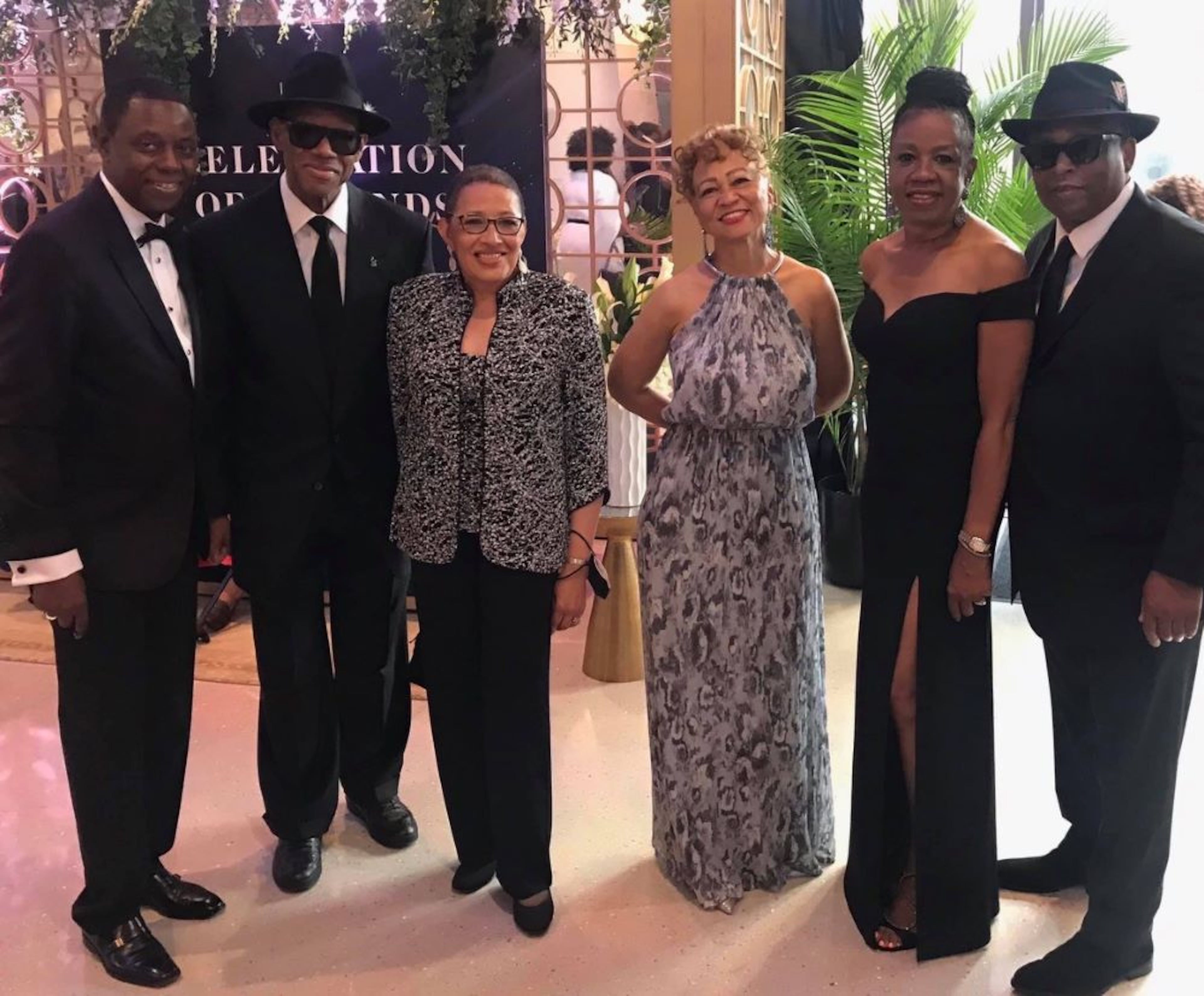Living Legends Foundation chairman David Linton; Jimmy Jam; board officer Pat Shields; board member Colleen Wilson; David's wife, Elnore Linton; and Terry Lewis pose at the National Museum of African American Music in Nashville in 2021. (Courtesy of Pat Shields)