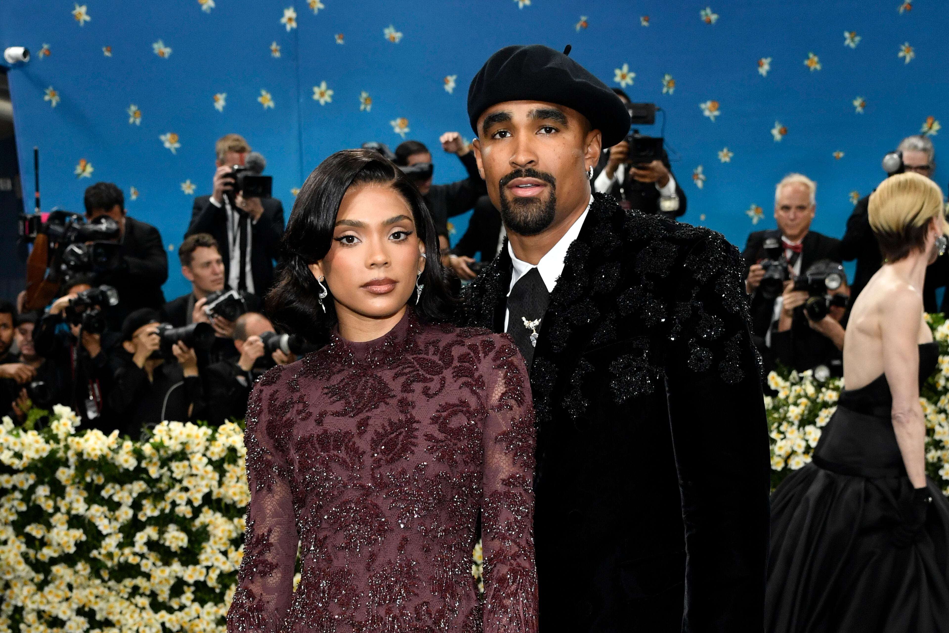 Bry Burrows, left, and Jalen Hurts attend The Metropolitan Museum of Art's Costume Institute benefit gala celebrating the opening of the "Superfine: Tailoring Black Style" exhibition on Monday, May 5, 2025, in New York. (Photo by Evan Agostini/Invision/AP)