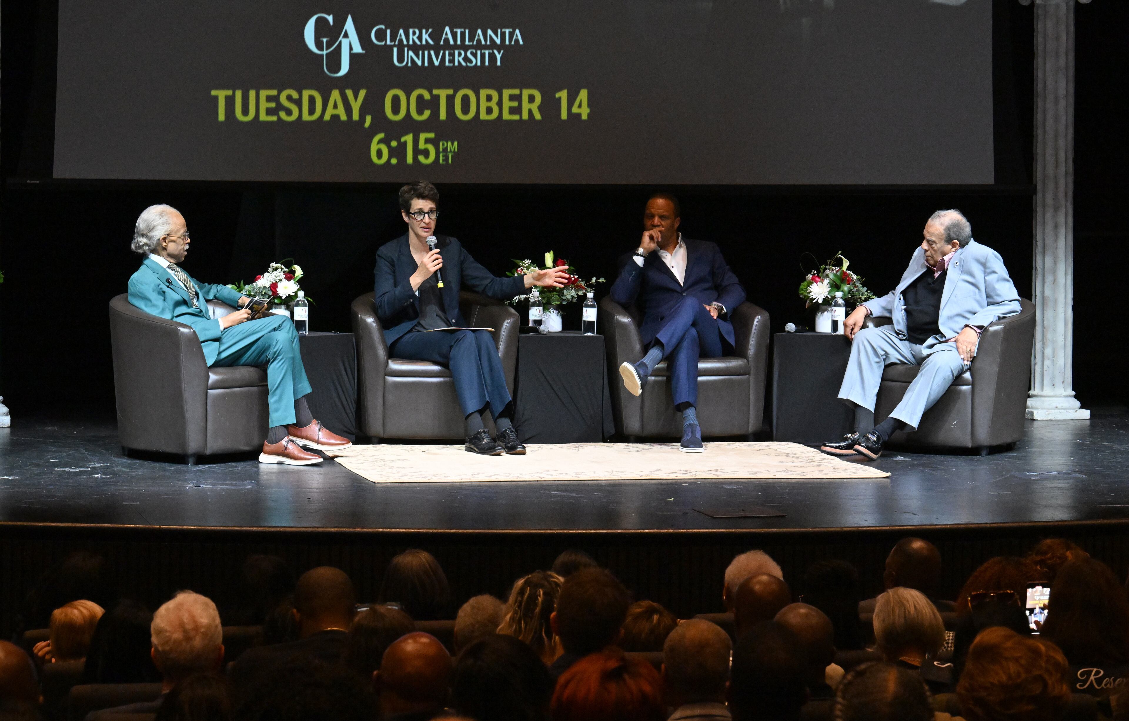 The Rev. Al Sharpton (from left); Rachel Maddow, MSNBC executive producer and host; John Hope Bryant, CEO of Operation HOPE; and Ambassador Andrew Young participate in a special panel conversation ahead of the world premiere of the MSNBC documentary “Andrew Young: The Dirty Work,” at Clark Atlanta University on Oct. 14, 2025. (Hyosub Shin/AJC)