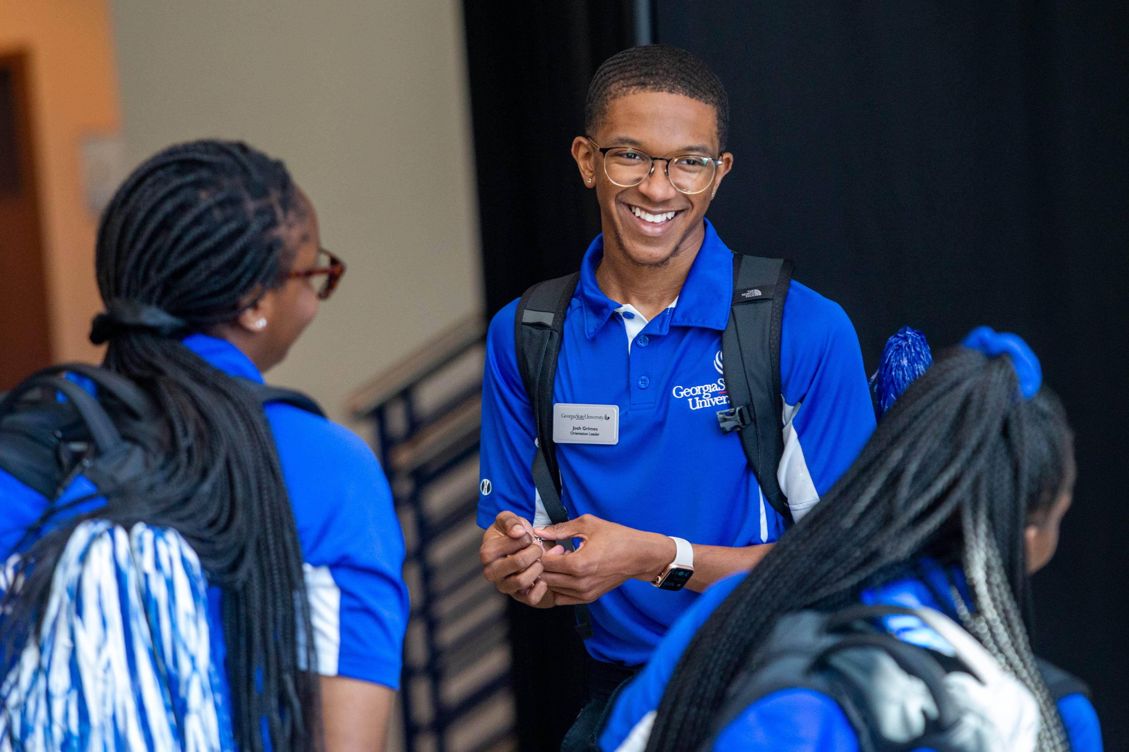 Orientation Leader Josh Grimes gathers with other Georgia State University student leaders during orientation for more than 150 incoming students Wednesday, June 23, 2021. Parents and students are presented with school standards and matched with student orientation leaders for group tours of the campus. Students move to campus in August. (Jenni Girtman for The Atlanta Journal-Constitution)