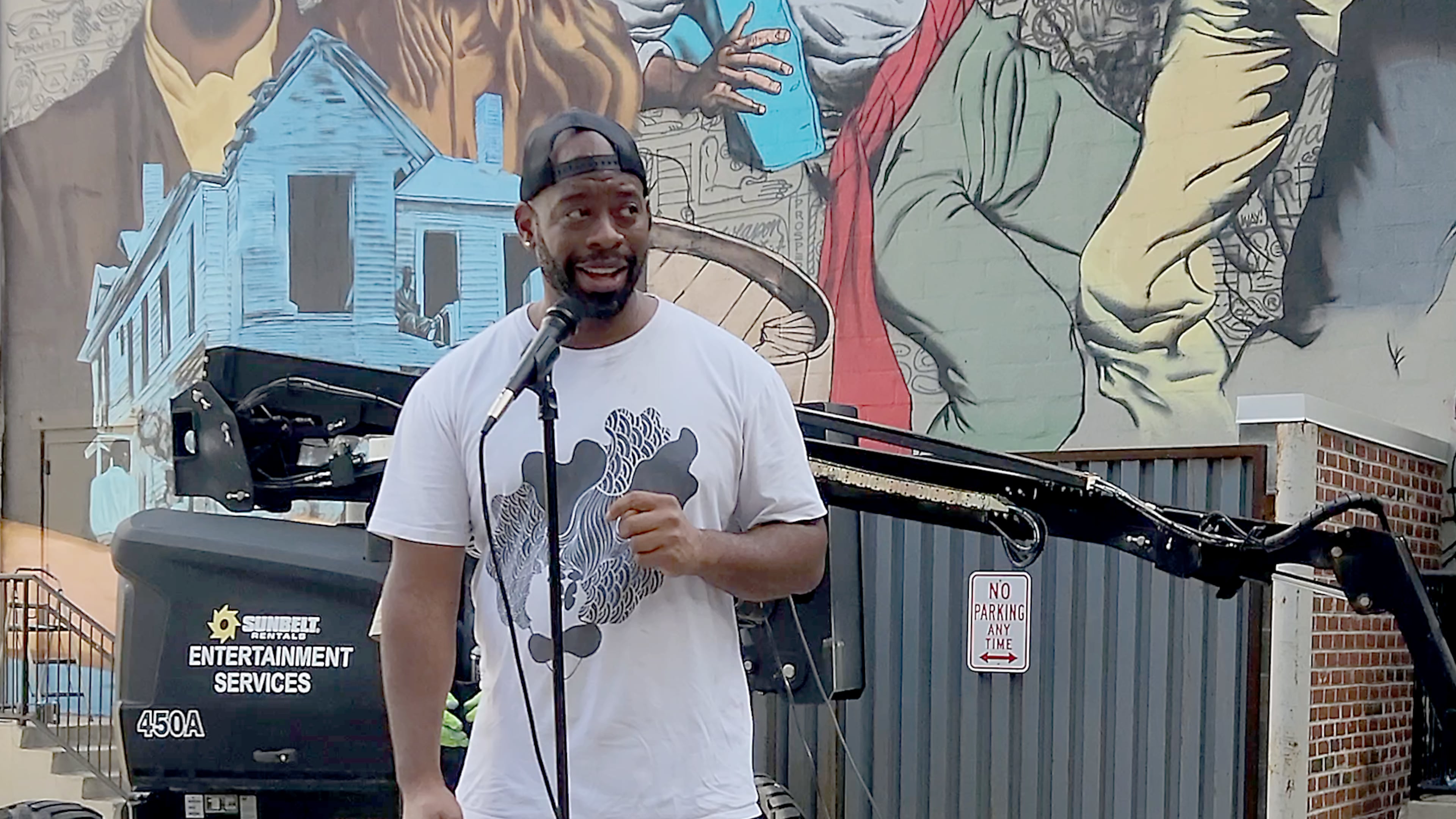 “Seeing people that look like me being attacked and painting that attack is definitely heavy work for me,” qrtist Fabian Williams said. (Courtesy of the National Center of Civil and Human Rights)