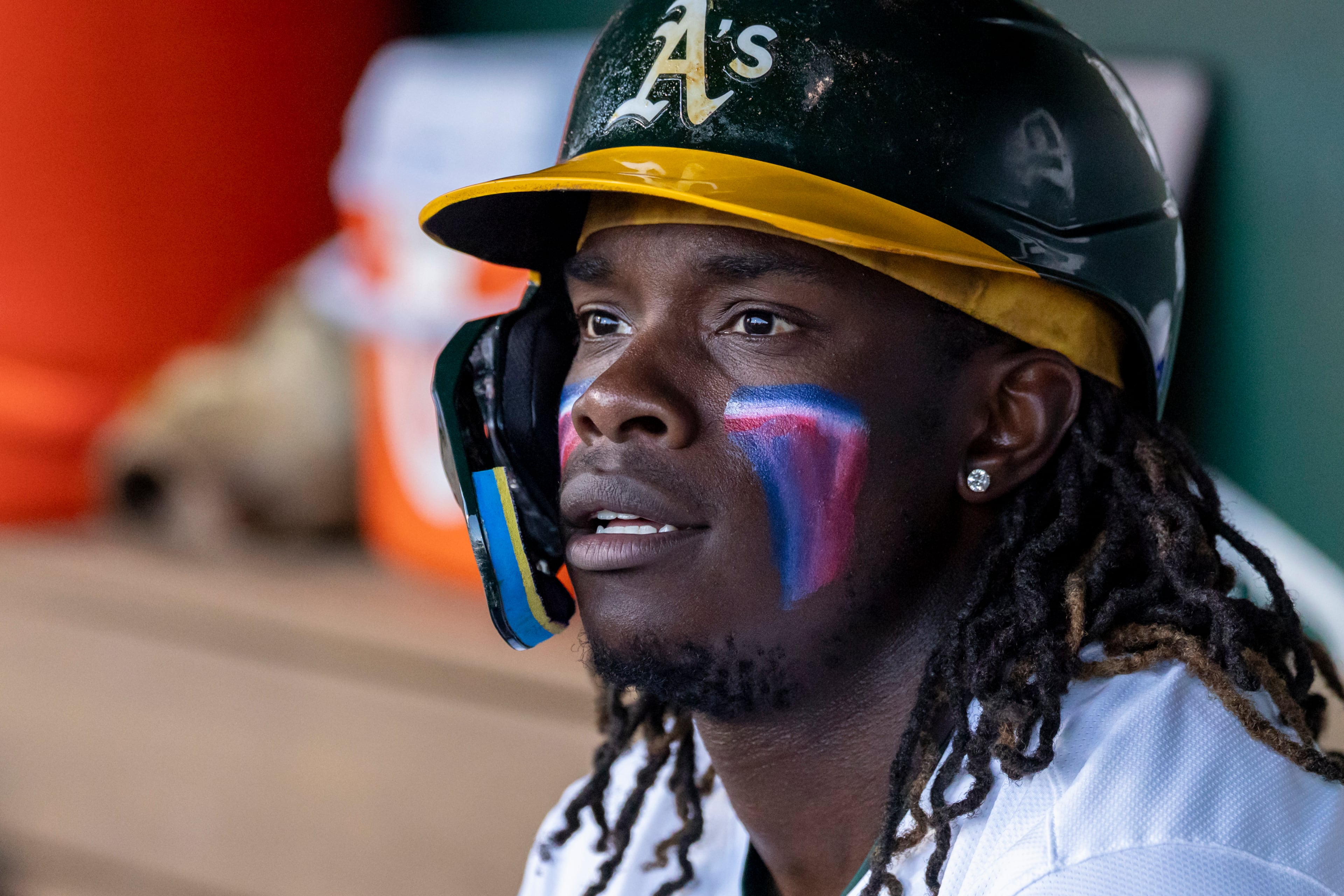 Lawrence Butler, here in the dugout for an Athletics game on Friday, July 4, 2025, is a graduate of Atlanta's Westlake High School who was drafted by the then-Oakland Athletics in 2018. (Sara Nevis/AP)