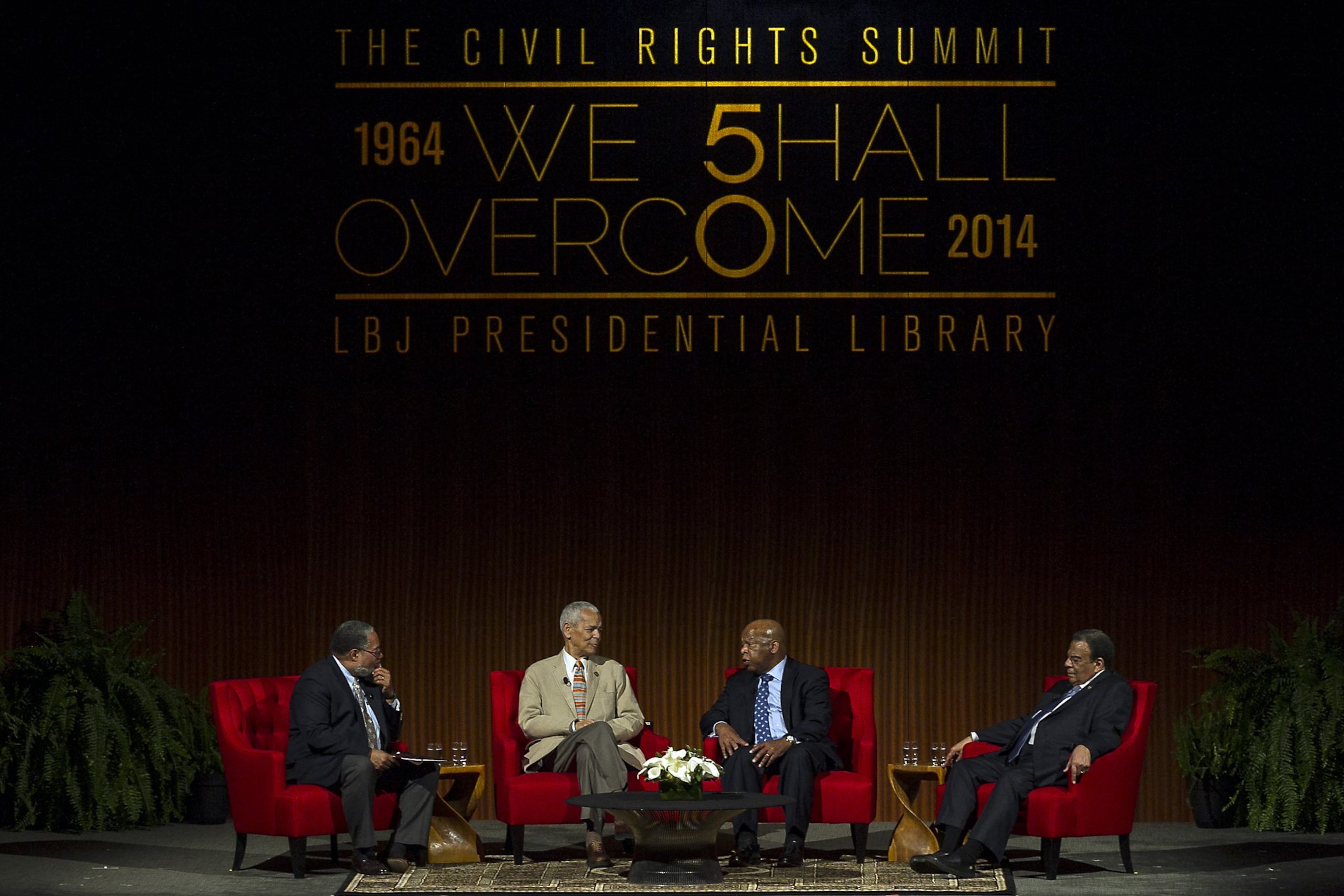 From left to right: Lonnie G. Bunch, Julian Bond, John Lewis and Andrew Young are photographed as members of the panel "Heroes of the Civil Rights Movement: Views from the Front Line," held at the Civil Rights Summit at the Lyndon Baines Johnson Library and Museum in Austin, Texas, on April 9, 2014. (Courtesy of Rodolfo Gonzalez)