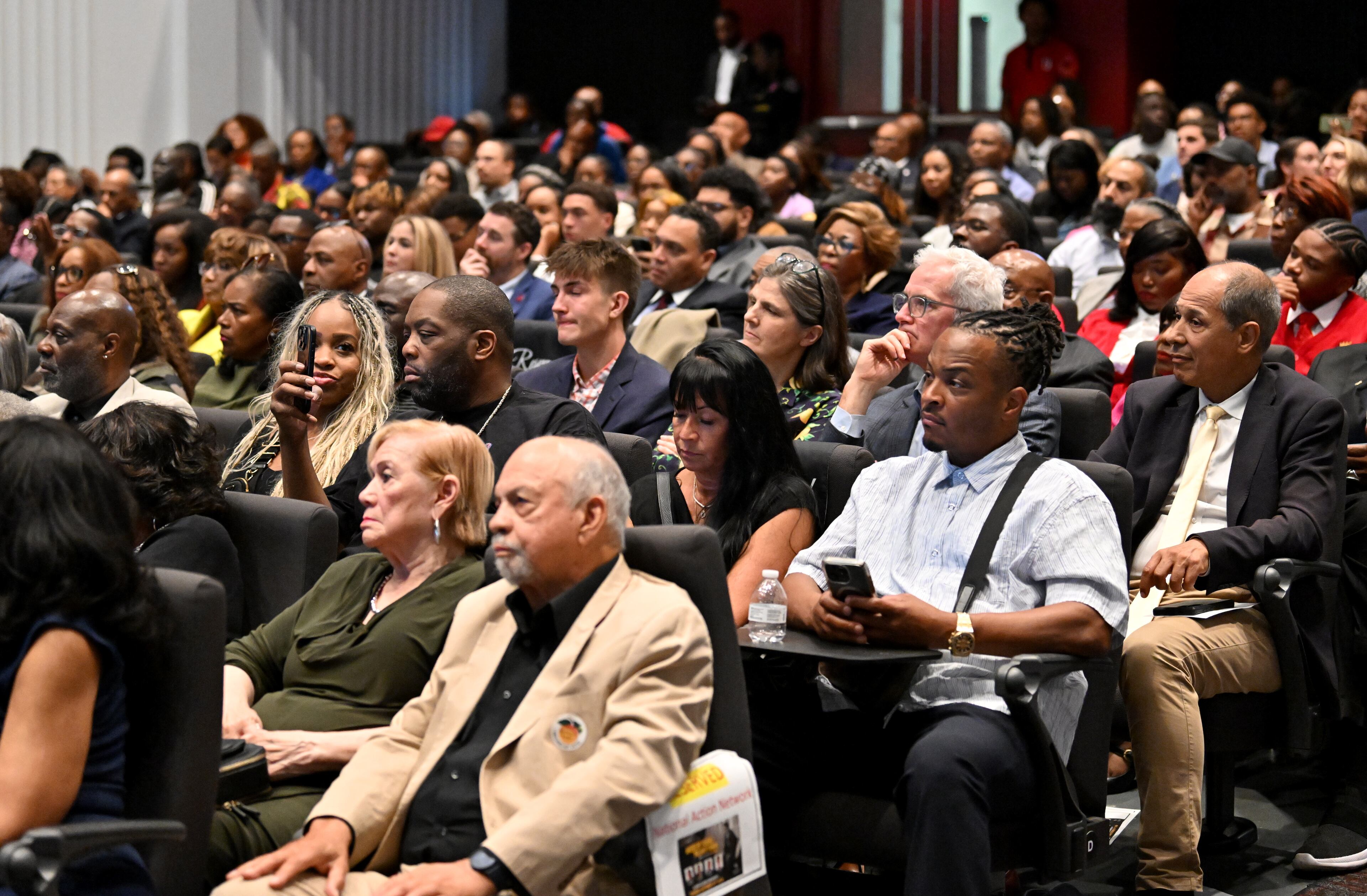 Killer Mike and T.I., along with Andrew Young's brother Walter (tan suit), were in the audience for the special panel conversation ahead of the world premiere of the MSNBC documentary “Andrew Young: The Dirty Work,” at Clark Atlanta University. (Hyosub Shin/AJC)